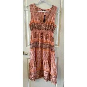 NWT Chaudry KC Size Med 100% Silk Coral Ruffle Floral Knee Length Boho Peasant